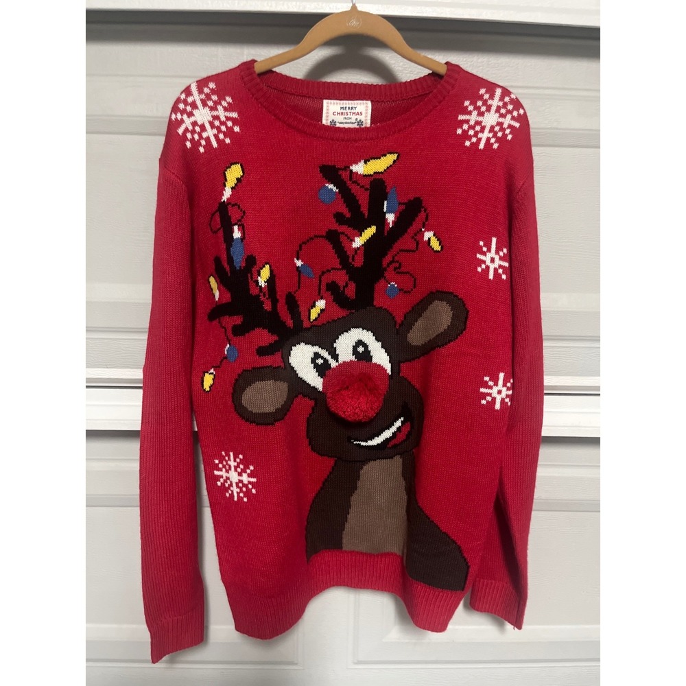 Red Reindeer Ugly Christmas Sweater Oh Deer Pom Pom Nose XL Daisys Boutique